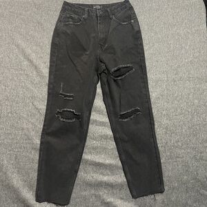 White Fox Black Denim Jeans Womens Small High Rise Distressed Straight Leg Mom